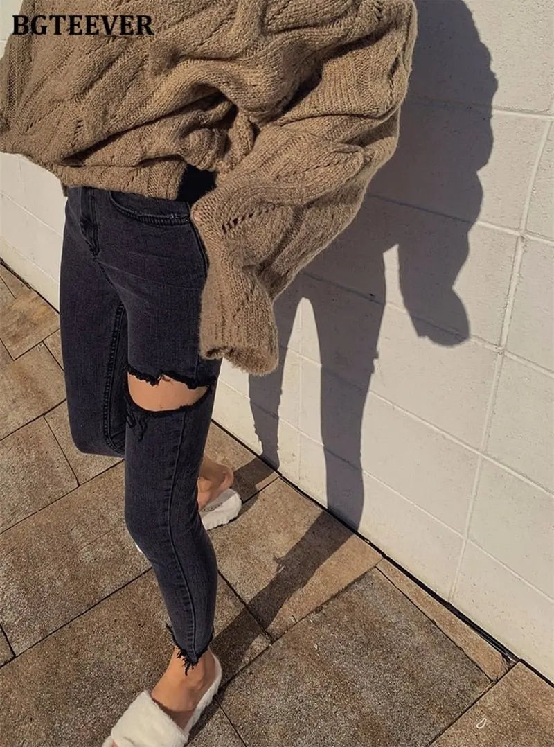 Irregular Ripped Holes Women Pencil Denim Jeans Stylish High Waist Stretched nowadaysfashion