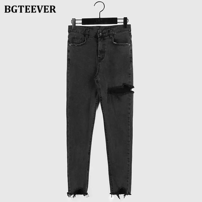 Irregular Ripped Holes Women Pencil Denim Jeans Stylish High Waist Stretched nowadaysfashion