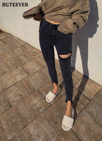 Irregular Ripped Holes Women Pencil Denim Jeans Stylish High Waist Stretched nowadaysfashion