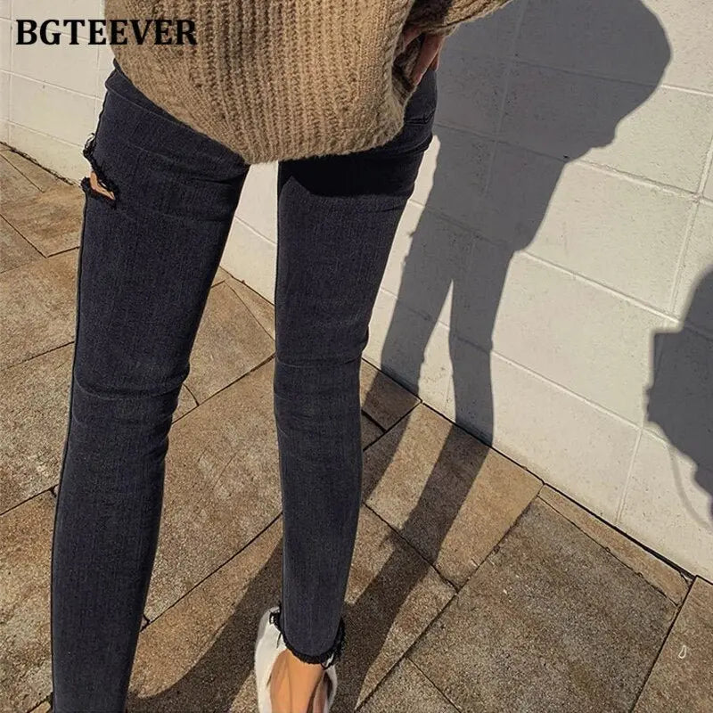 Irregular Ripped Holes Women Pencil Denim Jeans Stylish High Waist Stretched - Blade & Thread