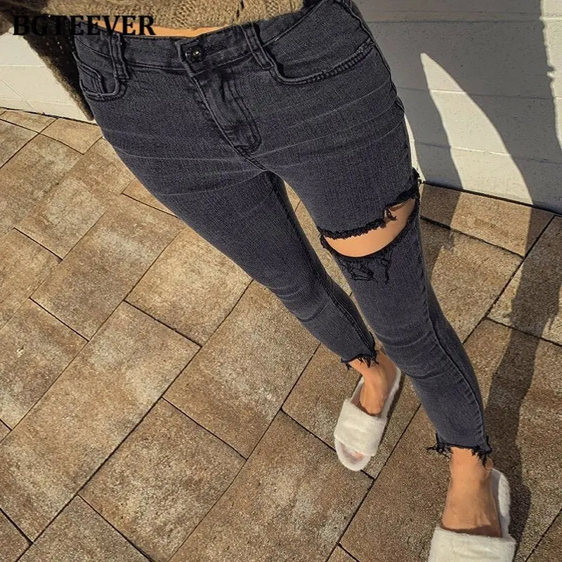 Irregular Ripped Holes Women Pencil Denim Jeans Stylish High Waist Stretched - Blade & Thread