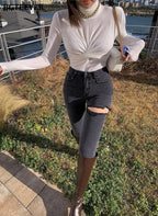 Irregular Ripped Holes Women Pencil Denim Jeans Stylish High Waist Stretched nowadaysfashion