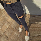 Irregular Ripped Holes Women Pencil Denim Jeans Stylish High Waist Stretched nowadaysfashion