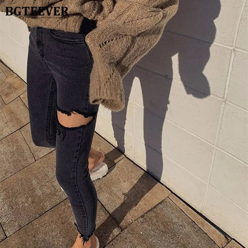 Irregular Ripped Holes Women Pencil Denim Jeans Stylish High Waist Stretched - Blade & Thread