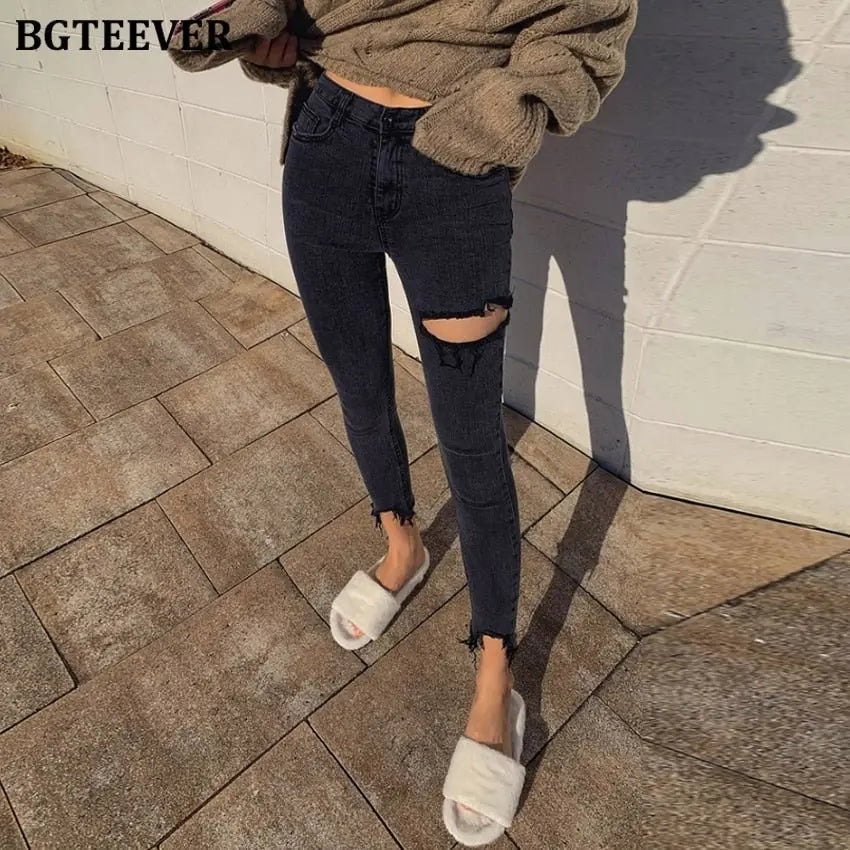 Irregular Ripped Holes Women Pencil Denim Jeans Stylish High Waist Stretched - Blade & Thread