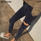 Irregular Ripped Holes Women Pencil Denim Jeans Stylish High Waist Stretched nowadaysfashion