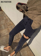 Irregular Ripped Holes Women Pencil Denim Jeans Stylish High Waist Stretched nowadaysfashion