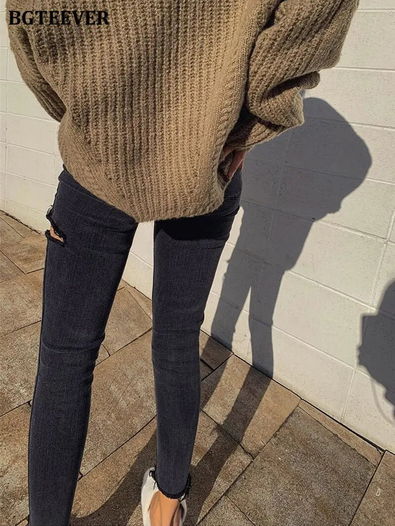 Irregular Ripped Holes Women Pencil Denim Jeans Stylish High Waist Stretched nowadaysfashion