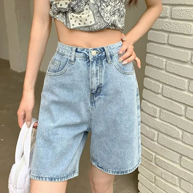 Jeans Shorts Summer High Waist Pockets Female Wide Leg Denim Shorts - Blade & Thread