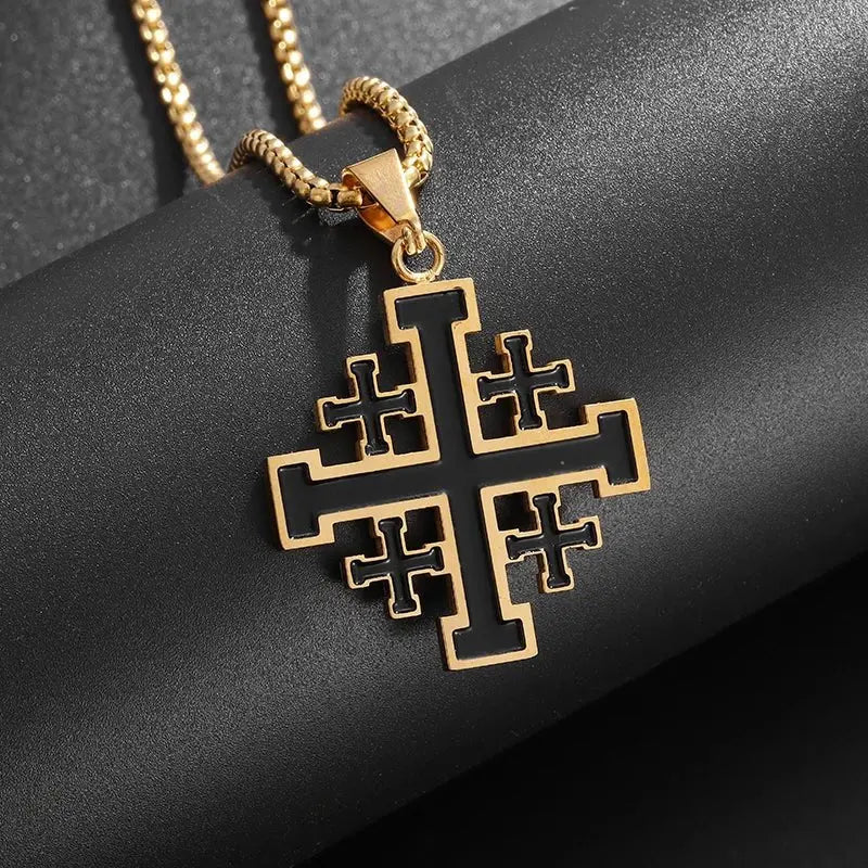 Jerusalem Stainless Steel Cross Necklace Templar Pendant for Men Vintage Christian Statement Jewelry - Blade & Thread