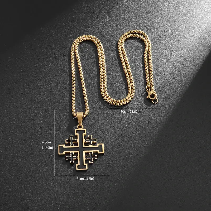 Jerusalem Stainless Steel Cross Necklace Templar Pendant for Men Vintage Christian Statement Jewelry - Blade & Thread
