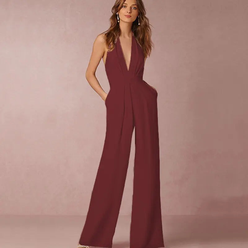 Jumpsuits for Women 2022 Sexy Polyester Backless Wide Leg Pants Sleeveless Summer Rompers nowadaysfashion