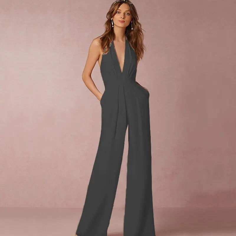 Jumpsuits for Women 2022 Sexy Polyester Backless Wide Leg Pants Sleeveless Summer Rompers nowadaysfashion