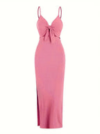 knit simple sleeveless suspender dress leaking back and sexy long skirt with neck. nowadaysfashion
