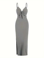 knit simple sleeveless suspender dress leaking back and sexy long skirt with neck. nowadaysfashion