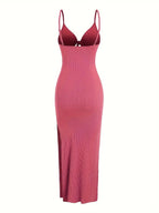 knit simple sleeveless suspender dress leaking back and sexy long skirt with neck. nowadaysfashion