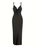 knit simple sleeveless suspender dress leaking back and sexy long skirt with neck. nowadaysfashion
