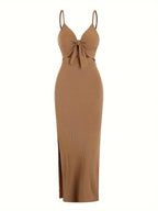 knit simple sleeveless suspender dress leaking back and sexy long skirt with neck. nowadaysfashion