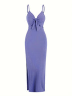 knit simple sleeveless suspender dress leaking back and sexy long skirt with neck. nowadaysfashion