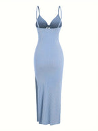knit simple sleeveless suspender dress leaking back and sexy long skirt with neck. nowadaysfashion