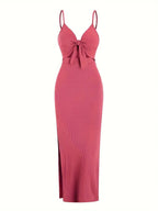 knit simple sleeveless suspender dress leaking back and sexy long skirt with neck. nowadaysfashion
