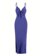 knit simple sleeveless suspender dress leaking back and sexy long skirt with neck. nowadaysfashion