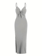 knit simple sleeveless suspender dress leaking back and sexy long skirt with neck. nowadaysfashion