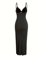 knit simple sleeveless suspender dress leaking back and sexy long skirt with neck. nowadaysfashion