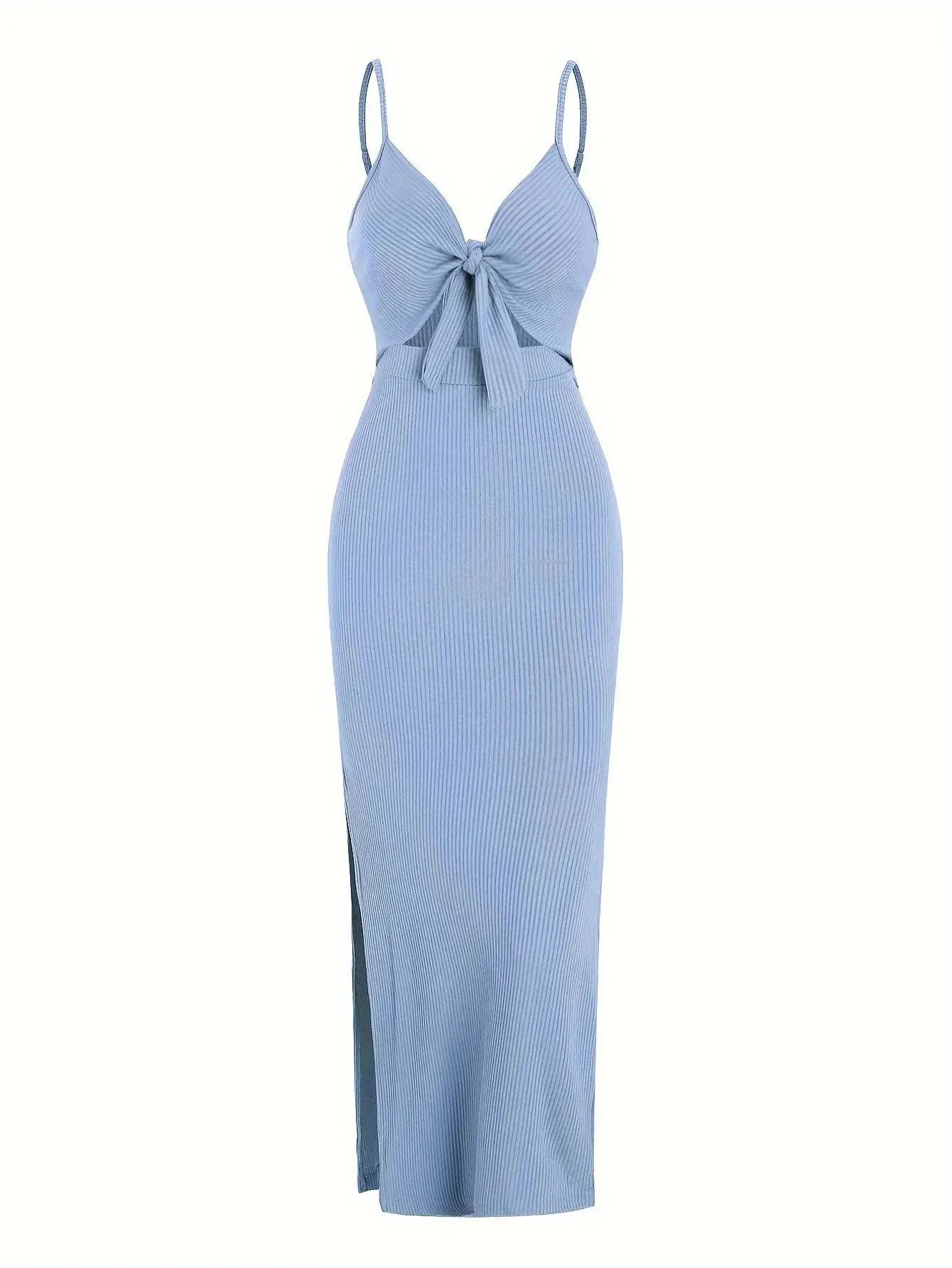 knit simple sleeveless suspender dress leaking back and sexy long skirt with neck. - Blade & Thread