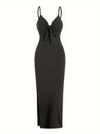 knit simple sleeveless suspender dress leaking back and sexy long skirt with neck. nowadaysfashion