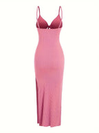 knit simple sleeveless suspender dress leaking back and sexy long skirt with neck. nowadaysfashion