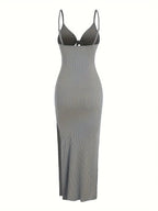 knit simple sleeveless suspender dress leaking back and sexy long skirt with neck. nowadaysfashion