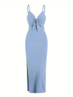 knit simple sleeveless suspender dress leaking back and sexy long skirt with neck. nowadaysfashion