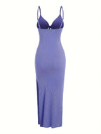 knit simple sleeveless suspender dress leaking back and sexy long skirt with neck. nowadaysfashion