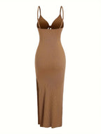 knit simple sleeveless suspender dress leaking back and sexy long skirt with neck. nowadaysfashion