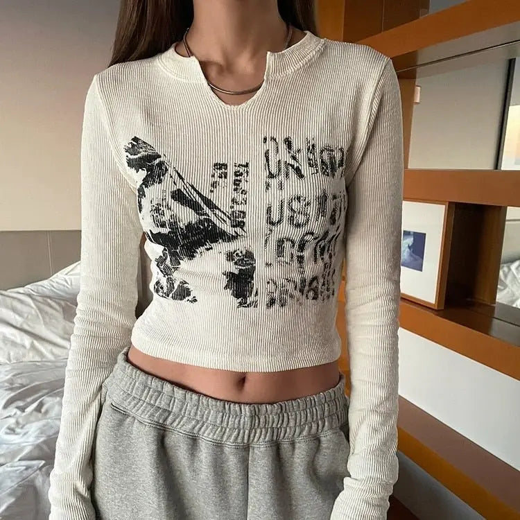 Knitted Crop Top Vintage Aesthetic Letter Printed Long Sleeve T-Shirts Sexy Slim Fit Tee Tops nowadaysfashion