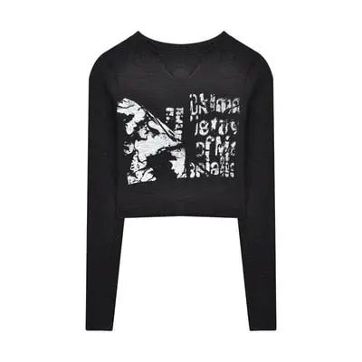 Knitted Crop Top Vintage Aesthetic Letter Printed Long Sleeve T-Shirts Sexy Slim Fit Tee Tops - Blade & Thread