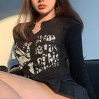 Knitted Crop Top Vintage Aesthetic Letter Printed Long Sleeve T-Shirts Sexy Slim Fit Tee Tops nowadaysfashion