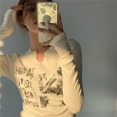 Knitted Crop Top Vintage Aesthetic Letter Printed Long Sleeve T-Shirts Sexy Slim Fit Tee Tops - Blade & Thread