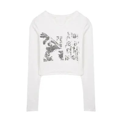 Knitted Crop Top Vintage Aesthetic Letter Printed Long Sleeve T-Shirts Sexy Slim Fit Tee Tops - Blade & Thread