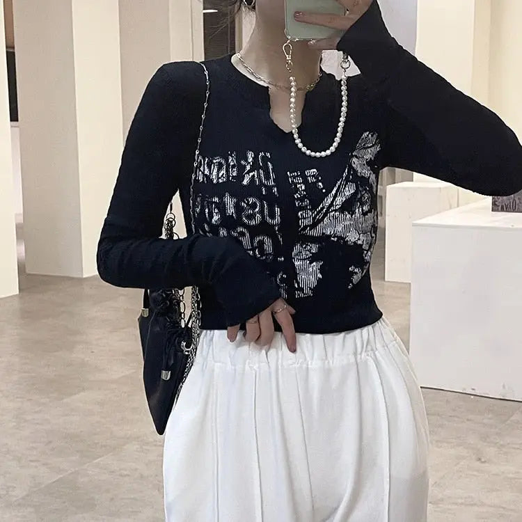 Knitted Crop Top Vintage Aesthetic Letter Printed Long Sleeve T-Shirts Sexy Slim Fit Tee Tops nowadaysfashion
