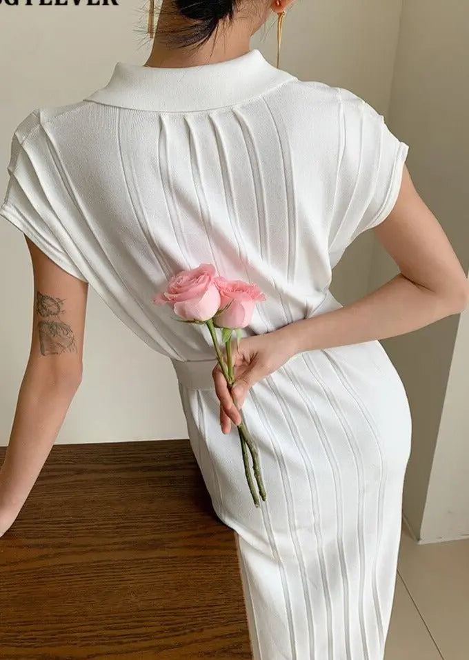 Knitted Dress Short Sleeve Loose Lace-up Female Straight Dress vestidos - Blade & Thread