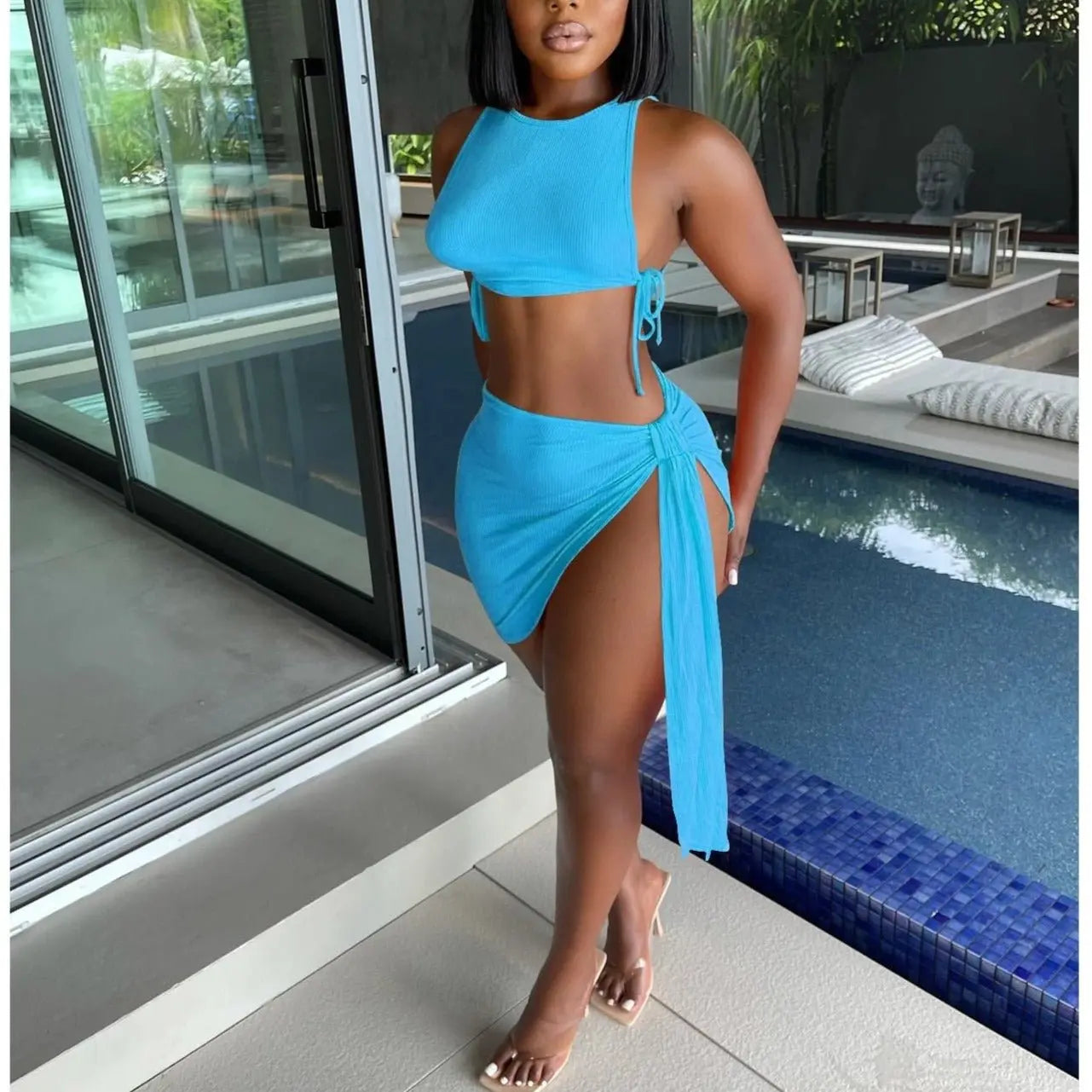 Knitted Ribbed Two Piece Set Bandage Crop Top Bodycon Mini Skirts Beachwear Outfits Summer - Blade & Thread
