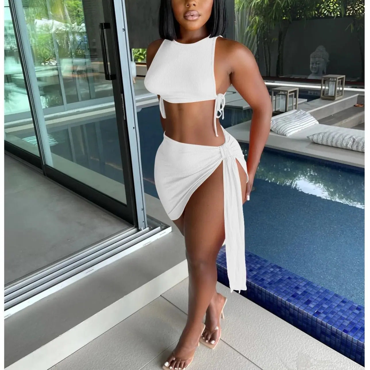 Knitted Ribbed Two Piece Set Bandage Crop Top Bodycon Mini Skirts Beachwear Outfits Summer - Blade & Thread