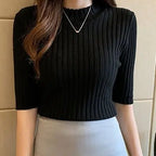 Knitted T Shirt Women Short Sleeve Basic Woman T-shirt  Femme Elasticity Poleras nowadaysfashion