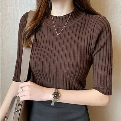Knitted T Shirt Women Short Sleeve Basic Woman T-shirt  Femme Elasticity Poleras nowadaysfashion