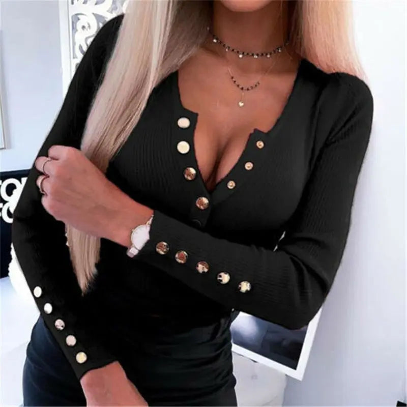 Knitted T-Shirts V-Neck Button Decor Long Sleeve Solid Color Office Lady Slim Pullovers Top nowadaysfashion