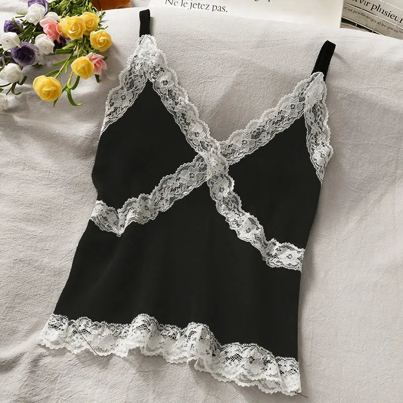 Lace Cami Y2k Tank Top Female V Neck Sleeveless Sexy Blouse Cropped Camisole Knitwear - Blade & Thread