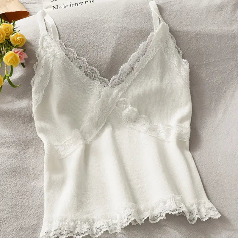 Lace Cami Y2k Tank Top Female V Neck Sleeveless Sexy Blouse Cropped Camisole Knitwear - Blade & Thread