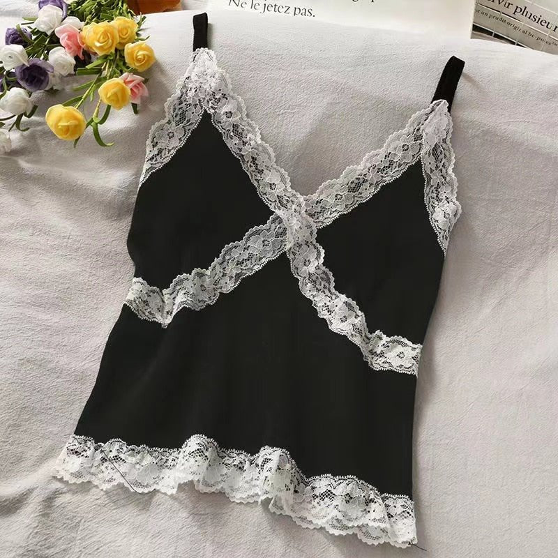 Lace Cami Y2k Tank Top Female V Neck Sleeveless Sexy Blouse Cropped Camisole Knitwear - Blade & Thread